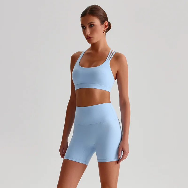 Nylon spandex knit high waist 2pcs gym fitness set women's biker shorts workout - product image