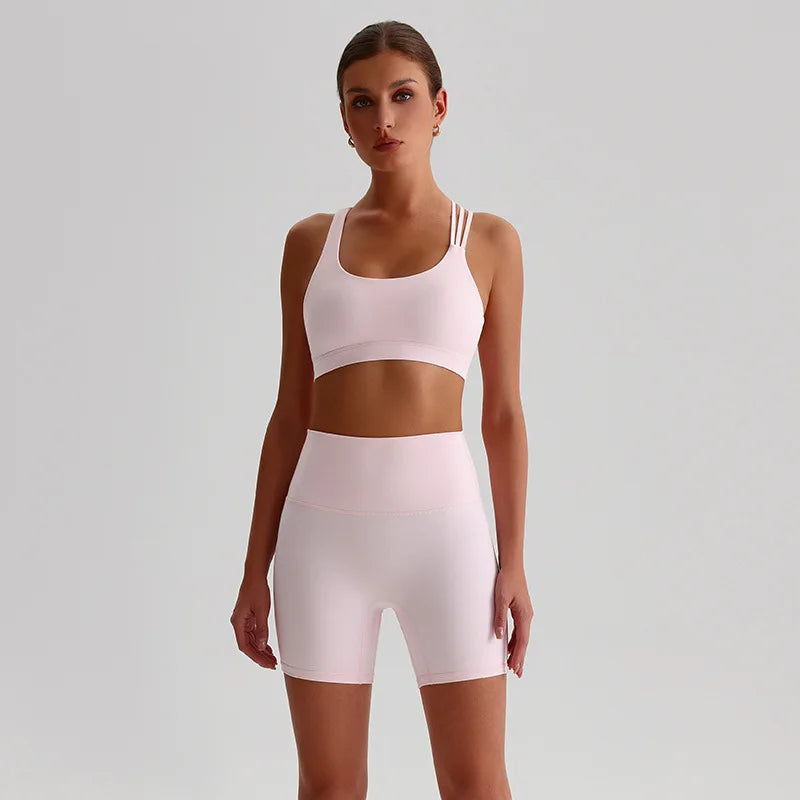 Nylon spandex knit high waist 2pcs gym fitness set women's biker shorts workout - product image