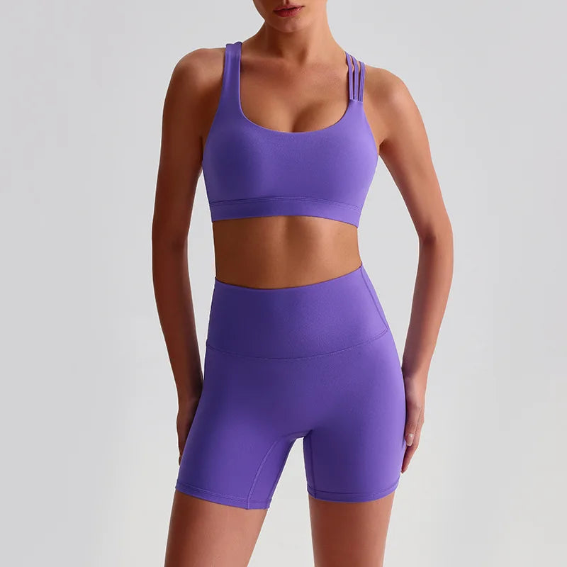 Nylon spandex knit high waist 2pcs gym fitness set women's biker shorts workout - product image