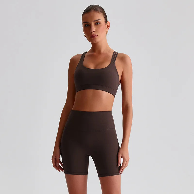Nylon spandex knit high waist 2pcs gym fitness set women's biker shorts workout - product image