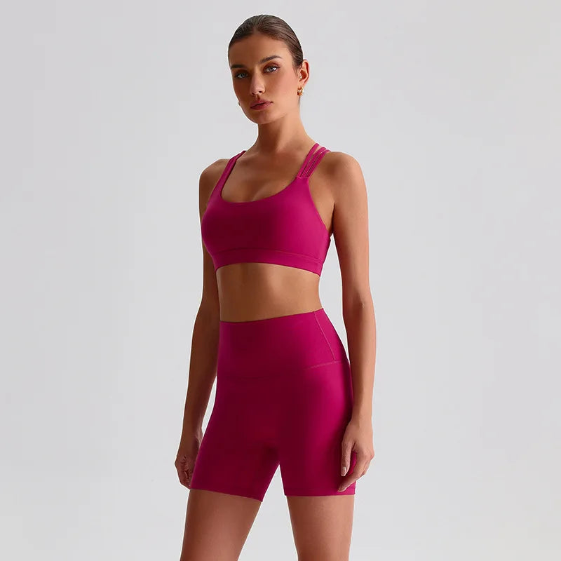 Nylon spandex knit high waist 2pcs gym fitness set women's biker shorts workout - product image