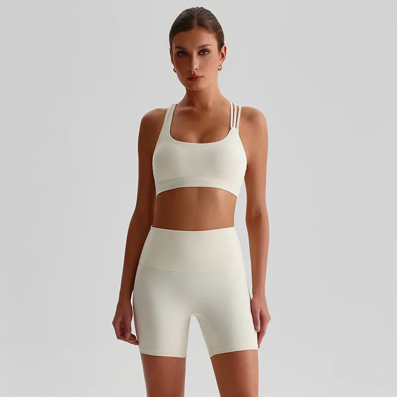 Nylon spandex knit high waist 2pcs gym fitness set women's biker shorts workout - product image
