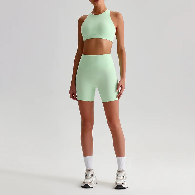 Nylon spandex knit women's 2 piece high waist gym fitness biker shorts set - product image