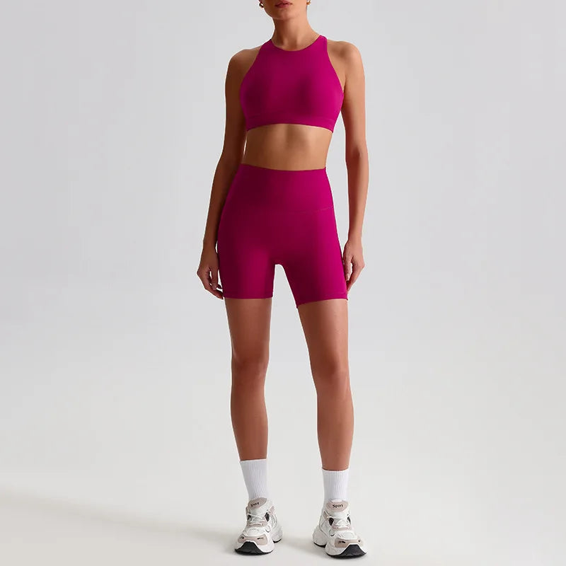 Nylon spandex knit women's 2 piece high waist gym fitness biker shorts set - product image