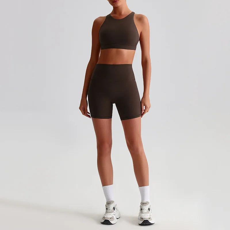Nylon spandex knit women's 2 piece high waist gym fitness biker shorts set - product image