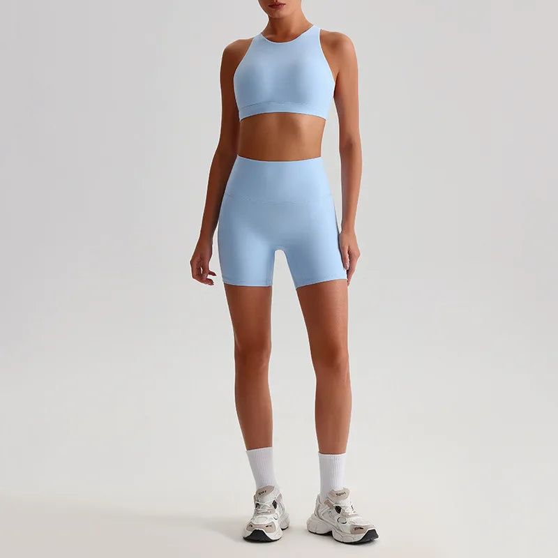 Nylon spandex knit women's 2 piece high waist gym fitness biker shorts set - product image