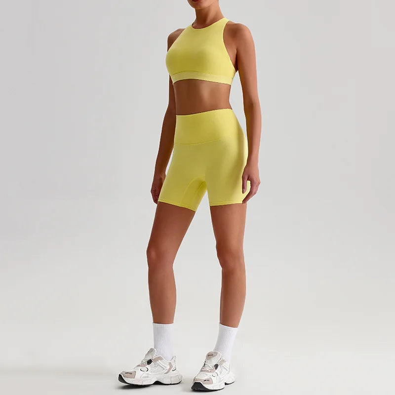 Nylon spandex knit women's 2 piece high waist gym fitness biker shorts set - product image