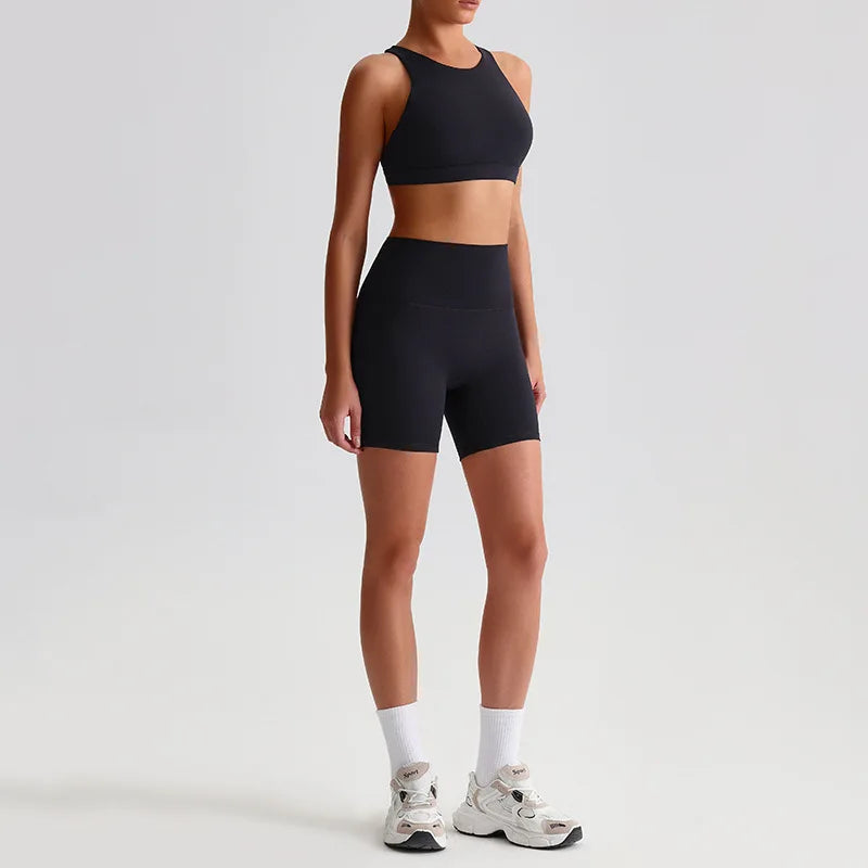Nylon spandex knit women's 2 piece high waist gym fitness biker shorts set - product image