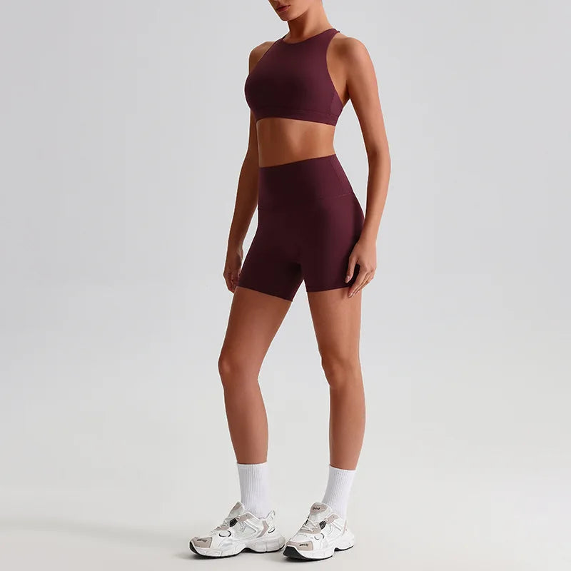 Nylon spandex knit women's 2 piece high waist gym fitness biker shorts set - product image