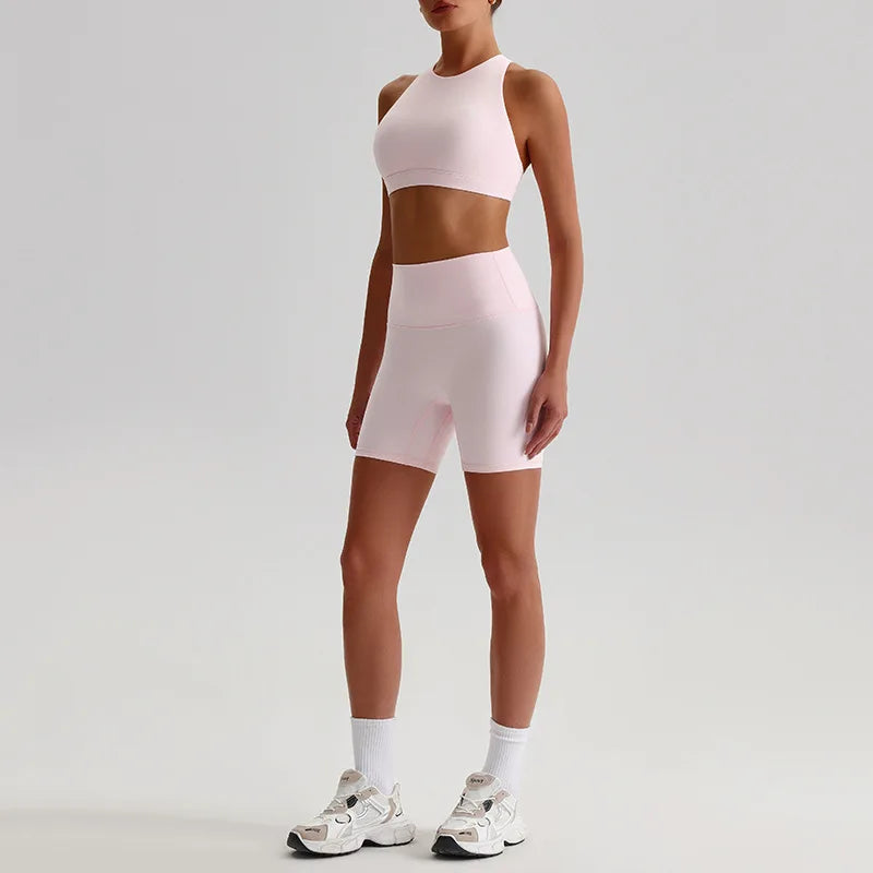 Nylon spandex knit women's 2 piece high waist gym fitness biker shorts set - product image