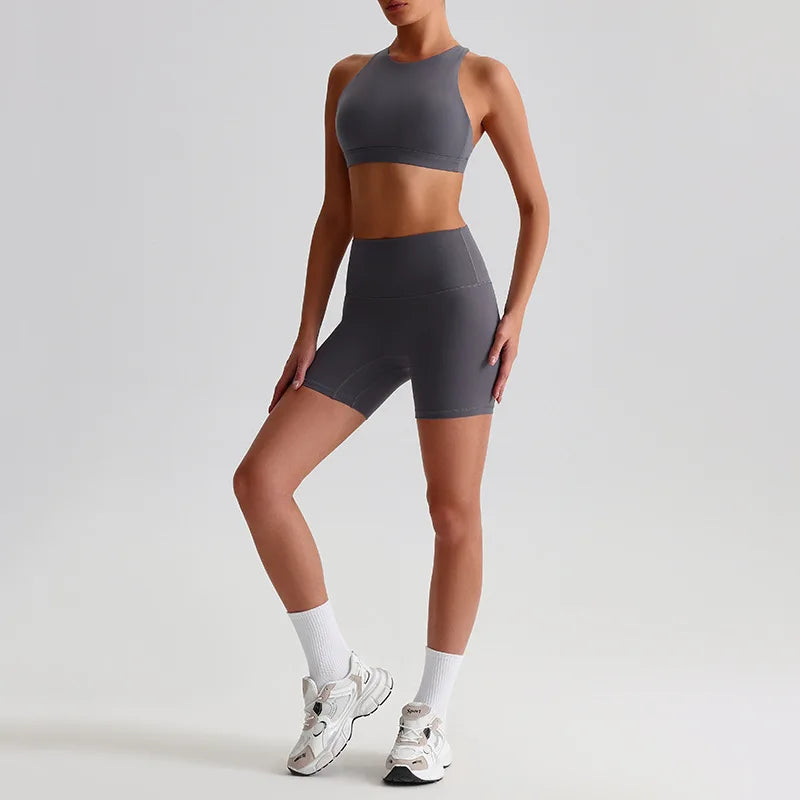 Nylon spandex knit women's 2 piece high waist gym fitness biker shorts set - product image