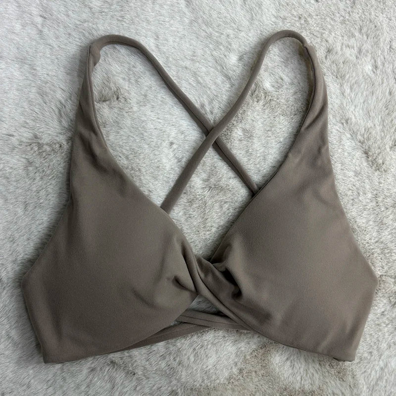 Nylon spandex knit women's padded front twist sports yoga crop tank gym bra - product image
