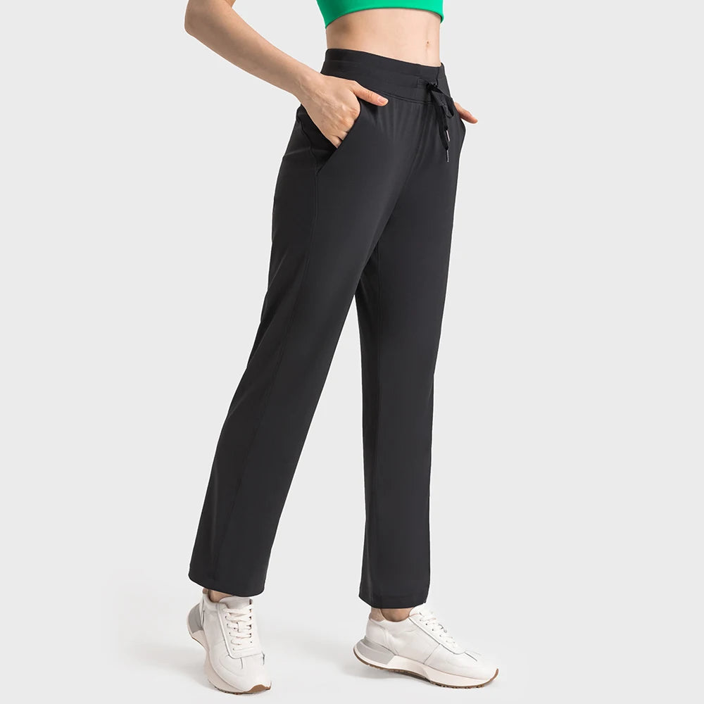 Nylon spandex womens tummy control straight casual running pants drawstring pocket - product image