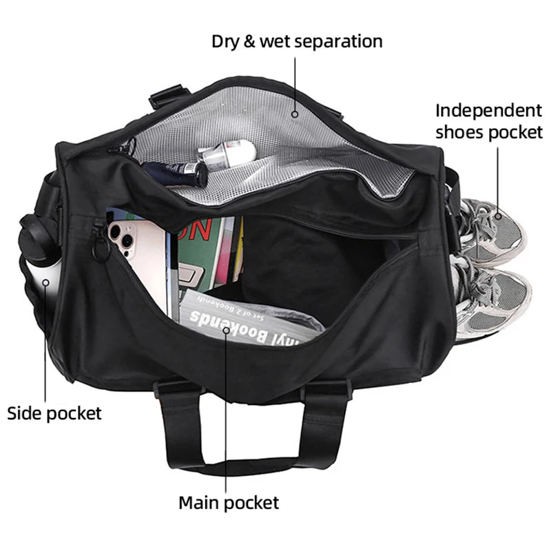 Nylon sports duffel bag with dry/wet separation shoe compartment and multiple pockets - product image