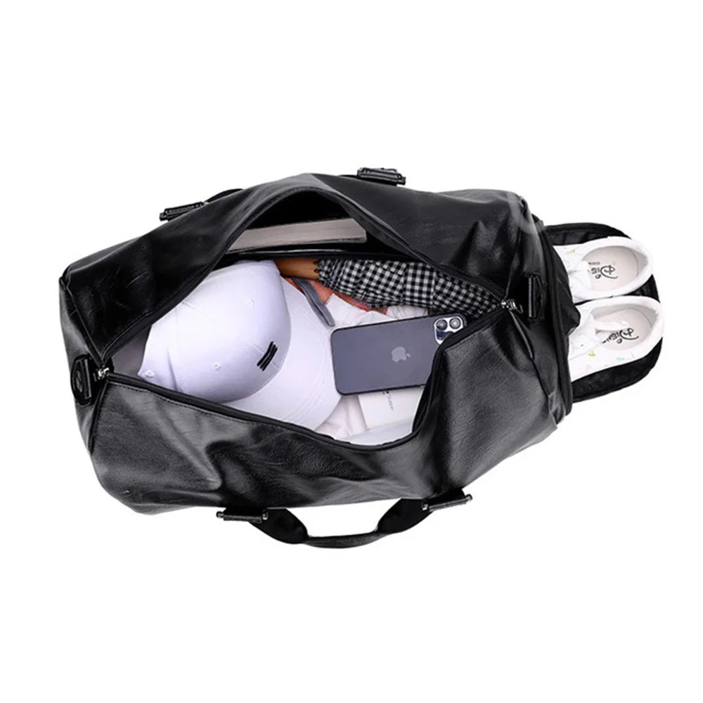 Pu leather gym bag with dry/wet separation and independent shoe compartment - product image