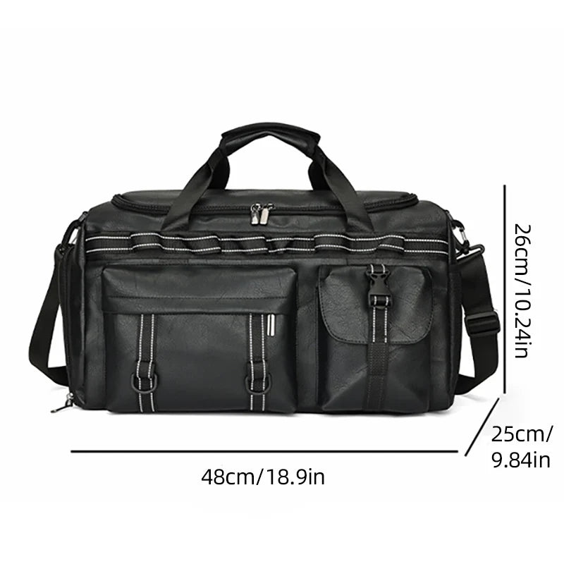 Pu sports duffel bag with dry/wet separation shoe compartment and multiple pockets - product image