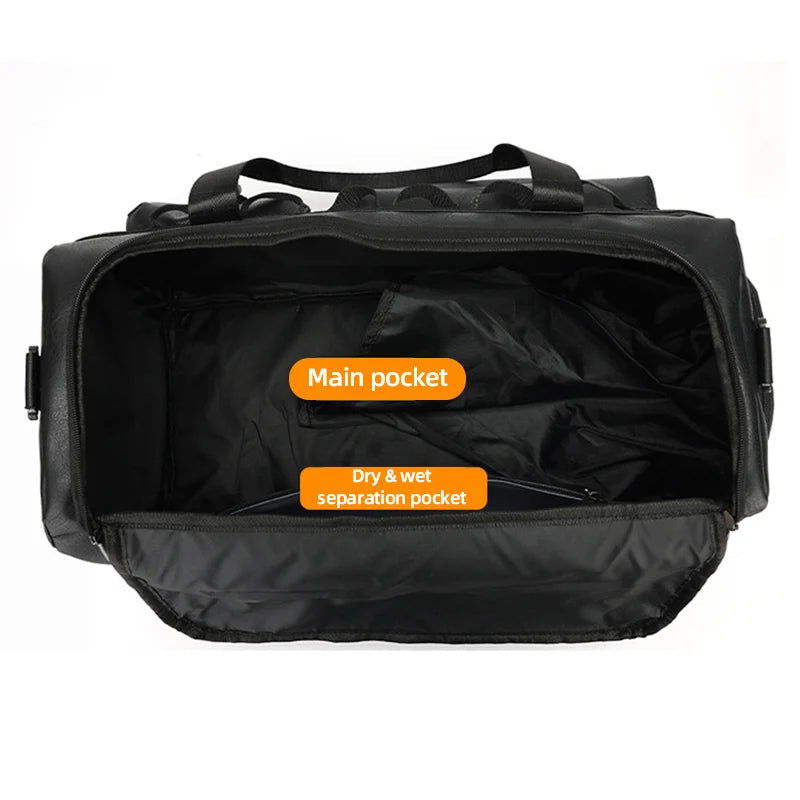 Pu sports duffel bag with dry/wet separation shoe compartment and multiple pockets - product image
