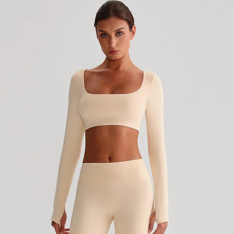 Recycled polyester padded long sleeve crop top plain workout gym shirt - product image