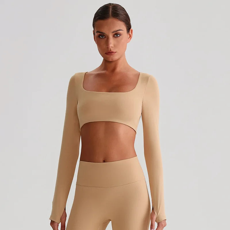 Recycled polyester padded long sleeve crop top plain workout gym shirt - product image