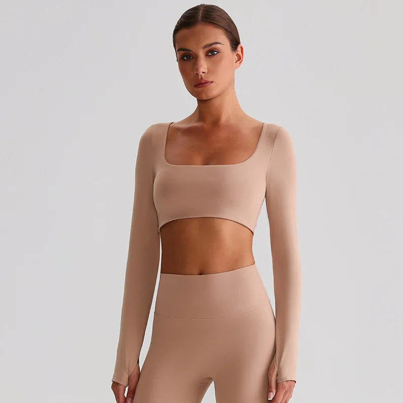 Recycled polyester padded long sleeve crop top plain workout gym shirt - product image