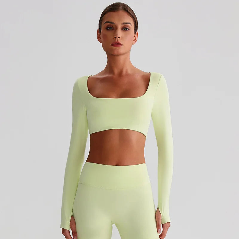 Recycled polyester padded long sleeve crop top plain workout gym shirt - product image