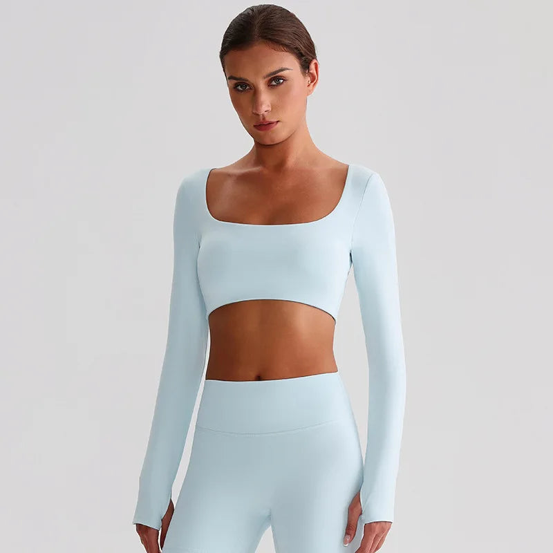 Recycled polyester padded long sleeve crop top plain workout gym shirt - product image