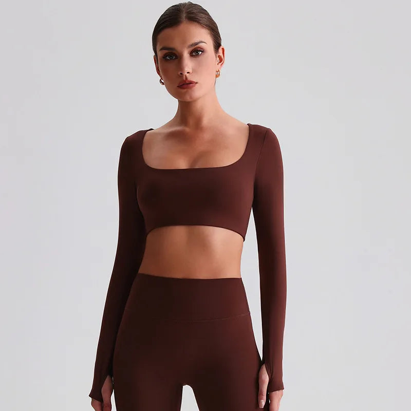 Recycled polyester padded long sleeve crop top plain workout gym shirt - product image