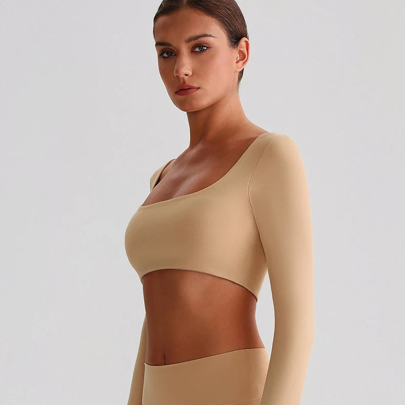 Recycled polyester padded long sleeve crop top plain workout gym shirt - product image