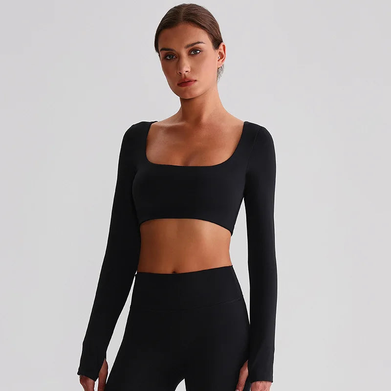 Recycled polyester padded long sleeve crop top plain workout gym shirt - product image