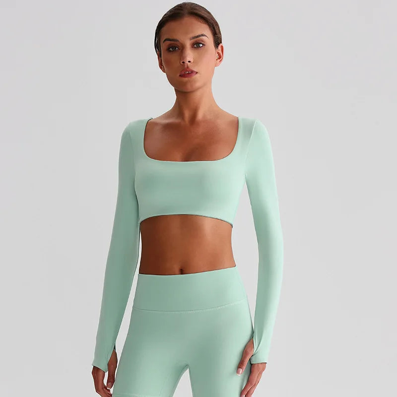 Recycled polyester padded long sleeve crop top plain workout gym shirt - product image