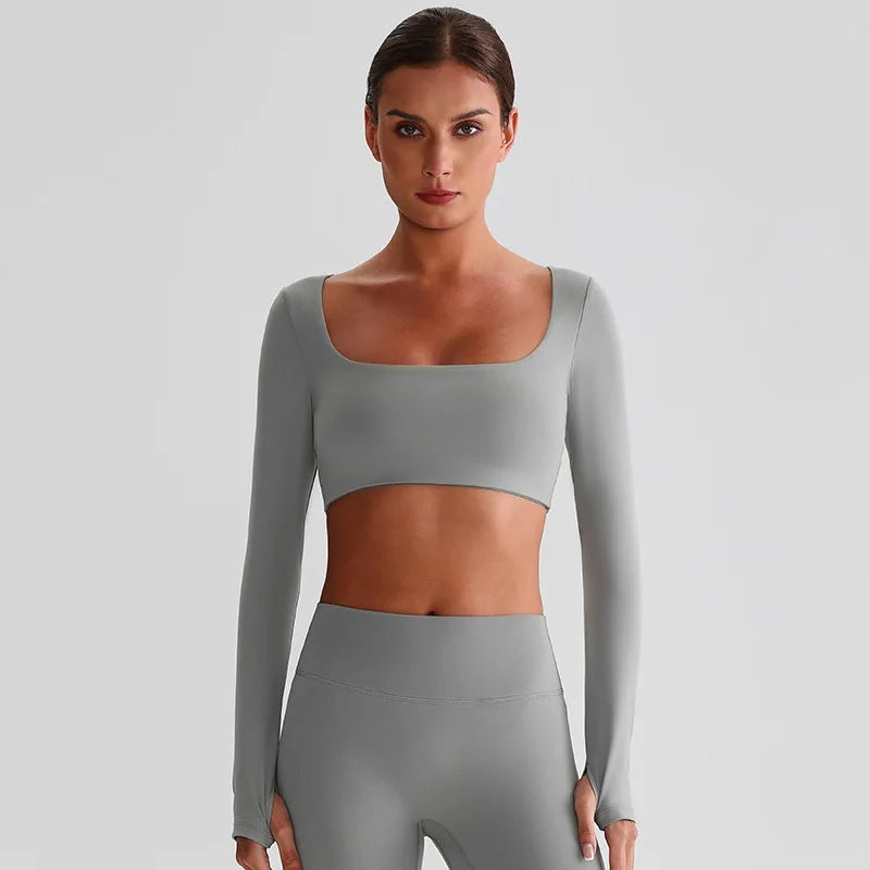 Recycled polyester padded long sleeve crop top plain workout gym shirt - product image