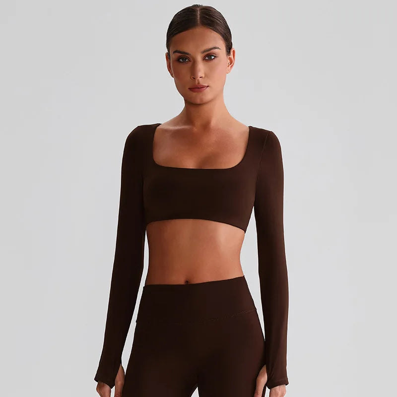 Recycled polyester padded long sleeve crop top plain workout gym shirt - product image