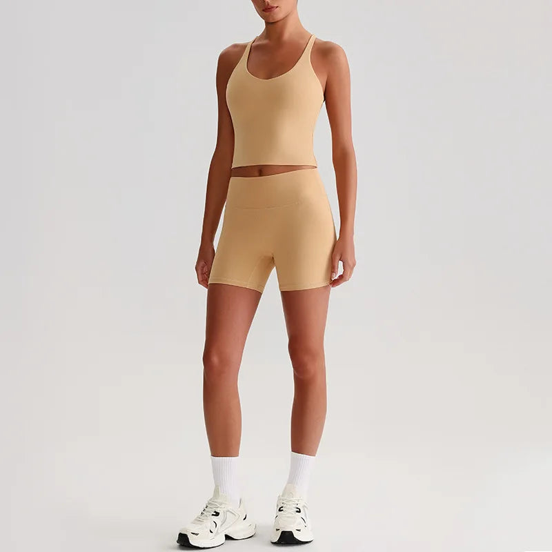 Recycled polyester women's 2-piece workout set sports bra and biker shorts - product image
