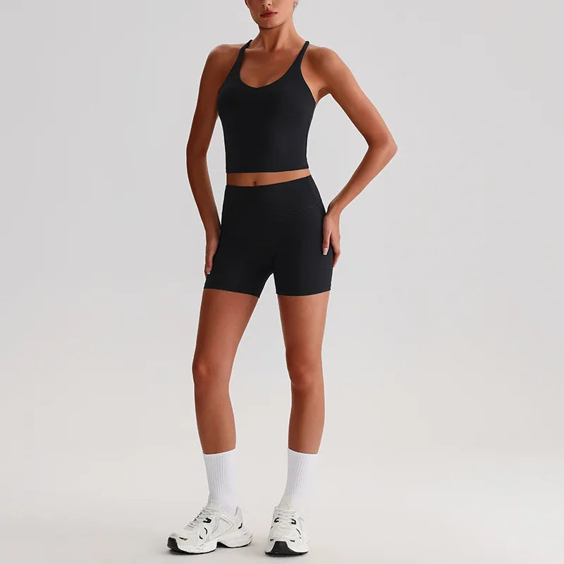 Recycled polyester women's 2-piece workout set sports bra and biker shorts - product image