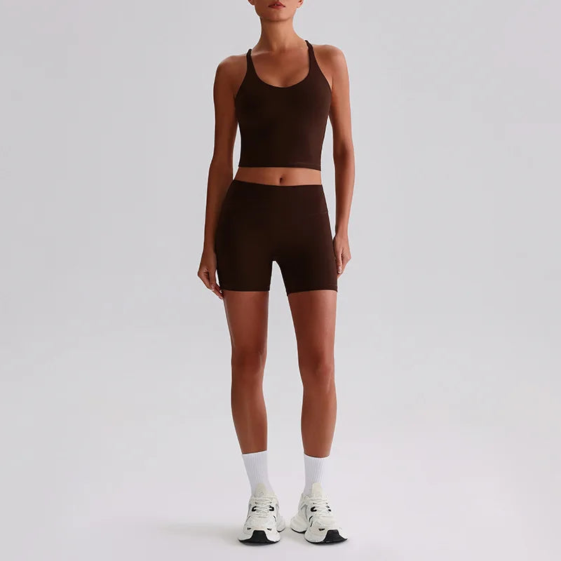 Recycled polyester women's 2-piece workout set sports bra and biker shorts - product image