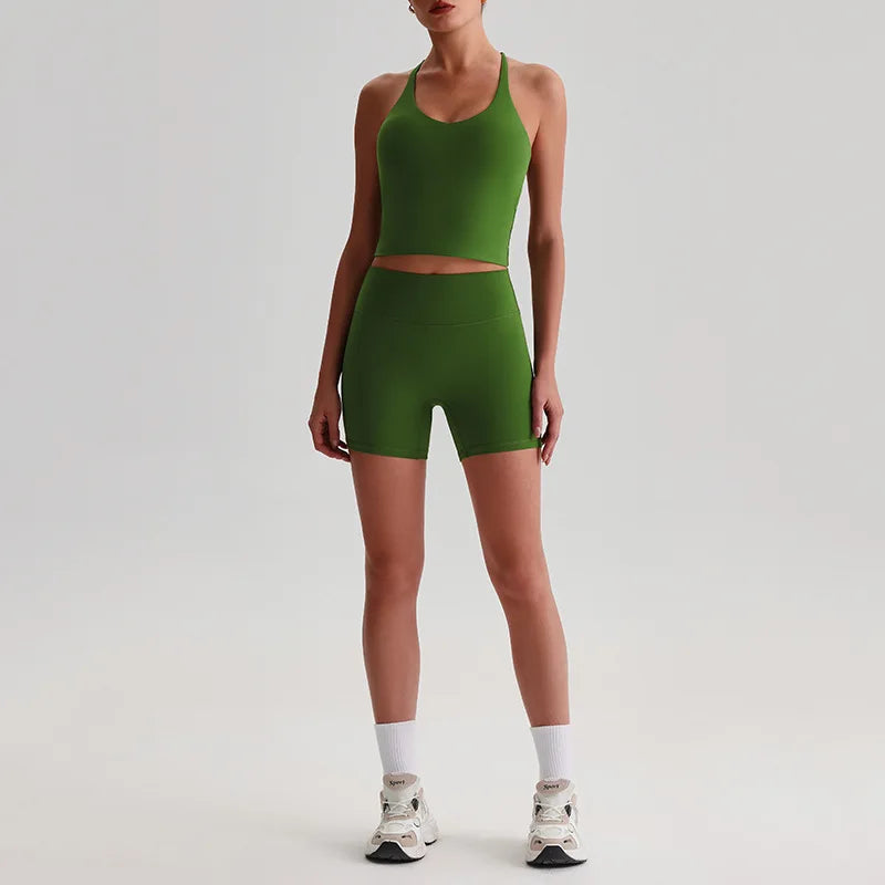 Recycled polyester women's 2-piece workout set sports bra and biker shorts - product image