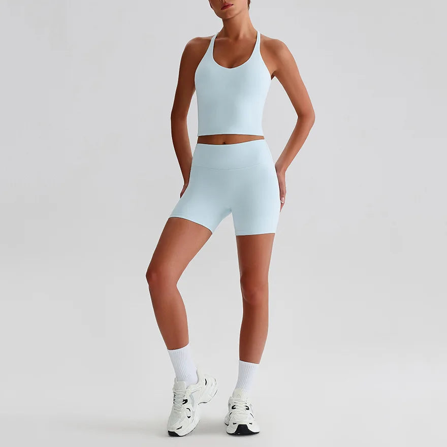Recycled polyester women's 2-piece workout set sports bra and biker shorts - product image