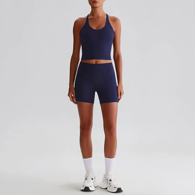 Recycled polyester women's 2-piece workout set sports bra and biker shorts - product image