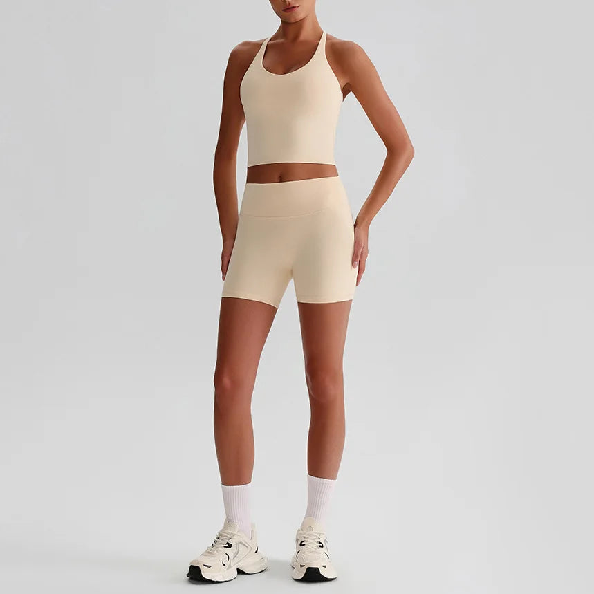Recycled polyester women's 2-piece workout set sports bra and biker shorts - product image
