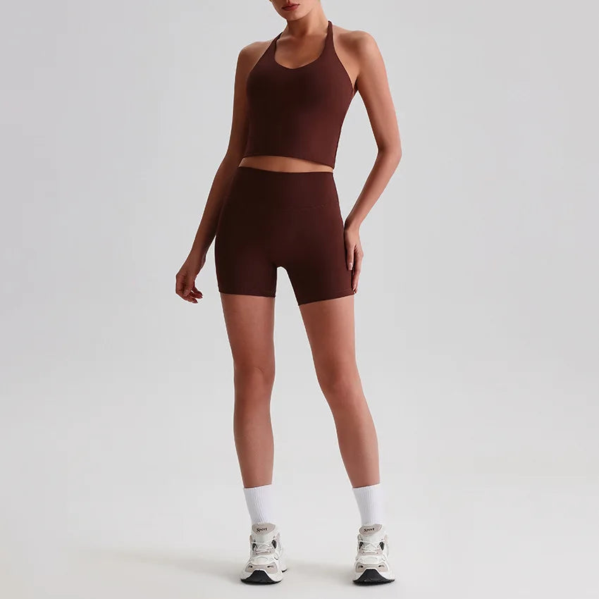 Recycled polyester women's 2-piece workout set sports bra and biker shorts - product image