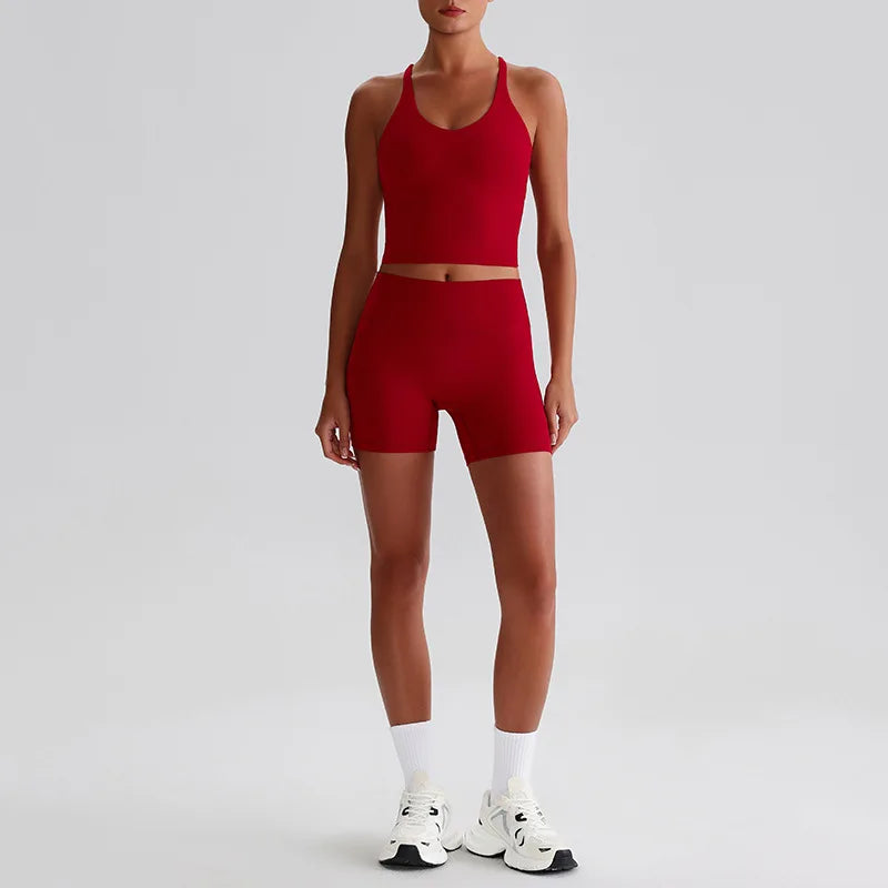 Recycled polyester women's 2-piece workout set sports bra and biker shorts - product image