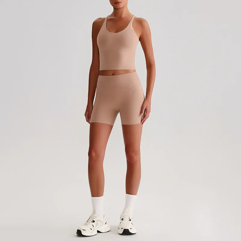 Recycled polyester women's 2-piece workout set sports bra and biker shorts - product image
