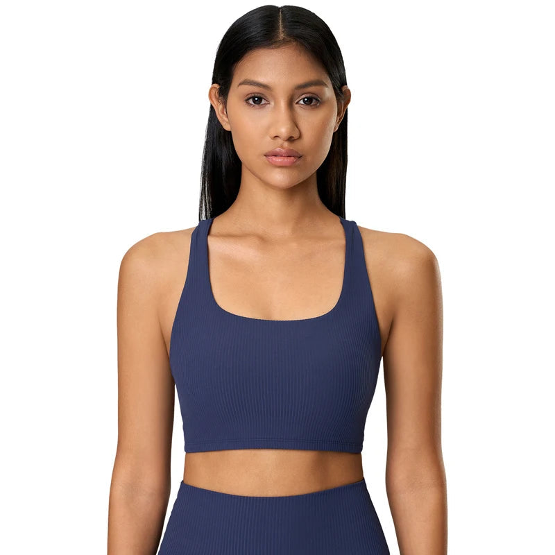 Ribbed knit cross back mid support nylon yoga bra - product image