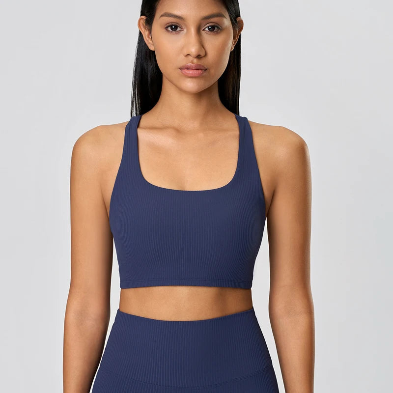Ribbed knit cross back mid support nylon yoga bra - product image