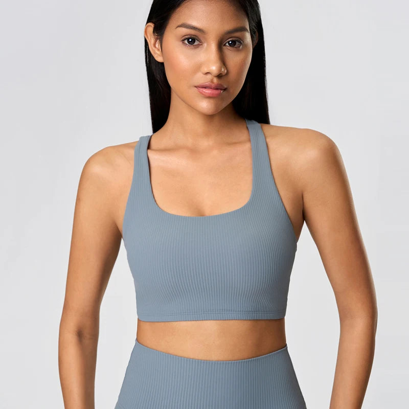 Ribbed knit cross back mid support nylon yoga bra - product image