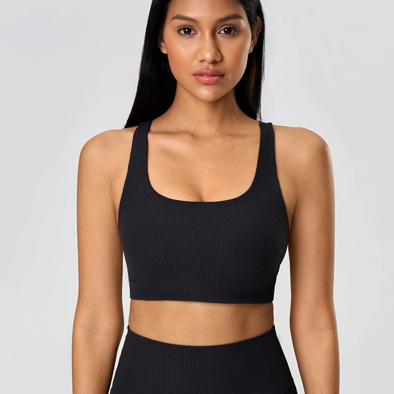 Ribbed knit cross back mid support nylon yoga bra - product image