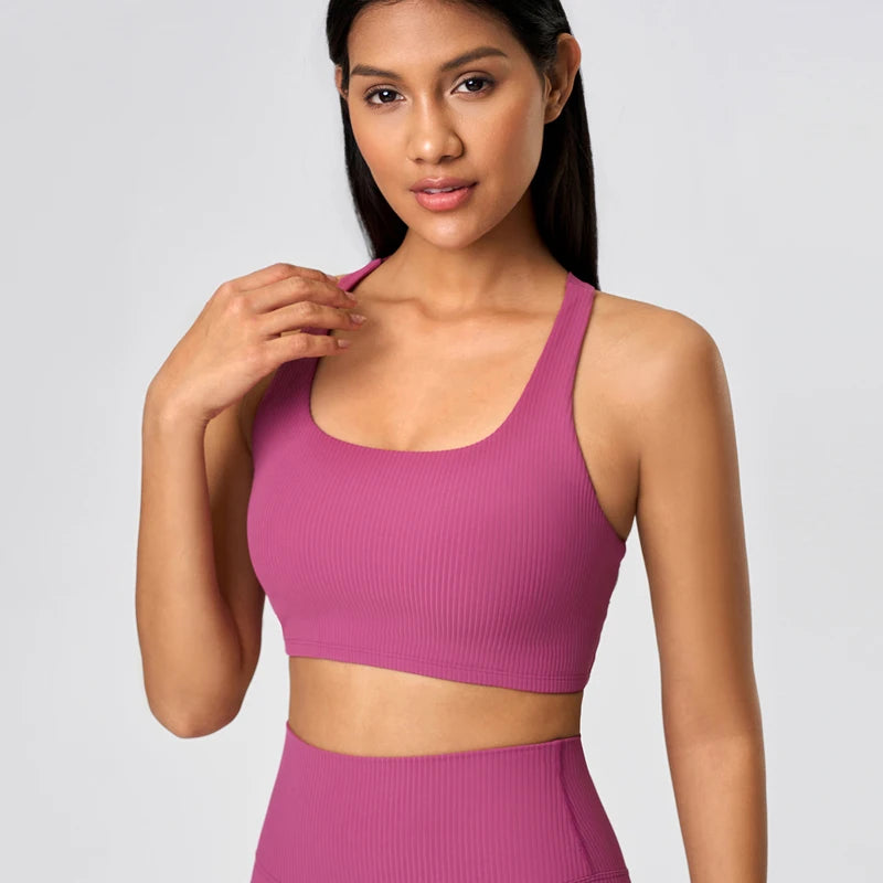 Ribbed knit cross back mid support nylon yoga bra - product image