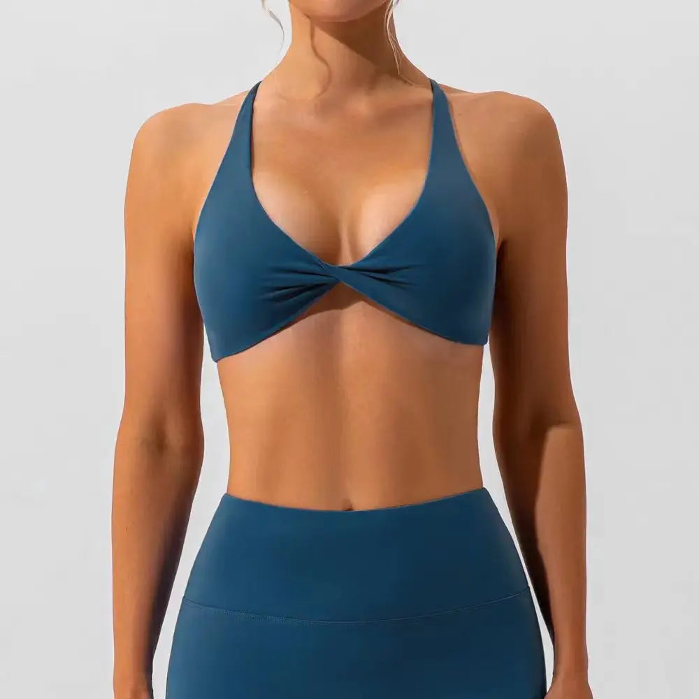 Sculpt peach cross strappy padded front twist yoga bra with quick dry nylon spandex - product image