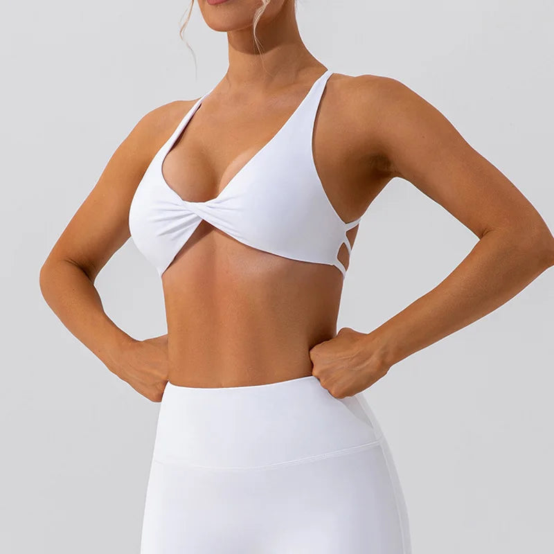 Sculpt peach cross strappy padded front twist yoga bra with quick dry nylon spandex - product image