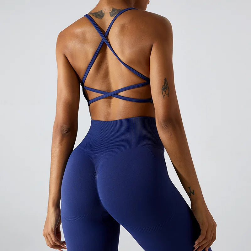 Seamless knit nylon cross back fitness sports bra - product image